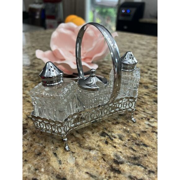 Vintage Salt & Pepper Shakers Mustard Caddy Cruet 4 Pc Silver Glass Elegant - Picture 2 of 15